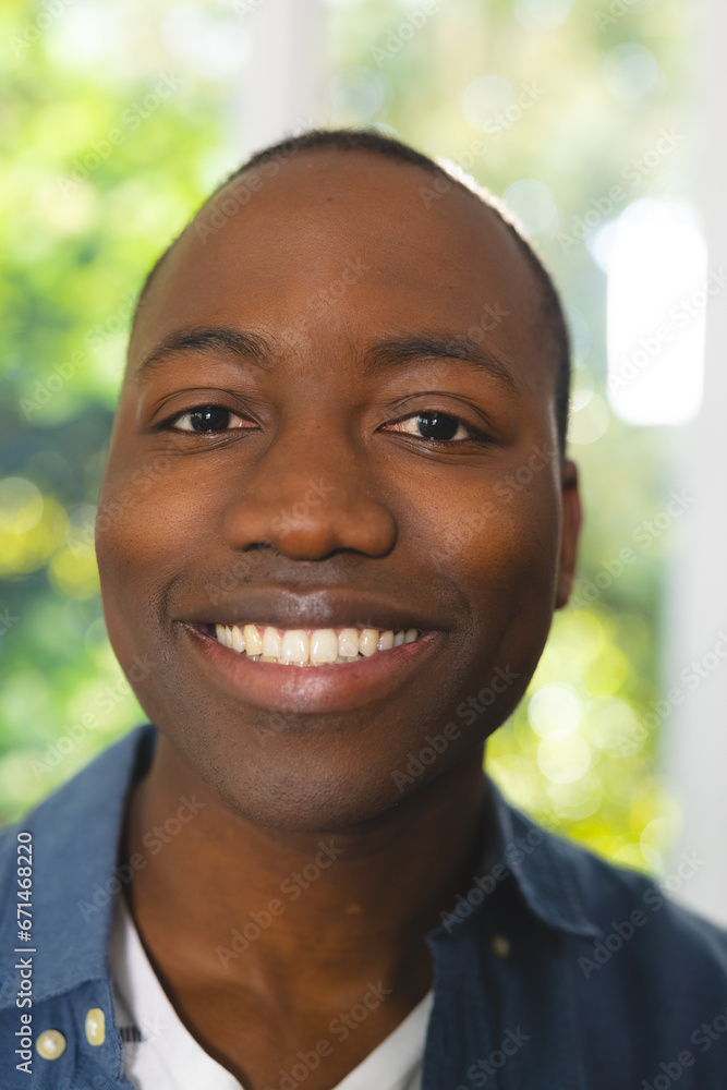 Portrait of happy african american man in bright living room at home, copy space Portrait of happy african american man in bright living room at home, copy space