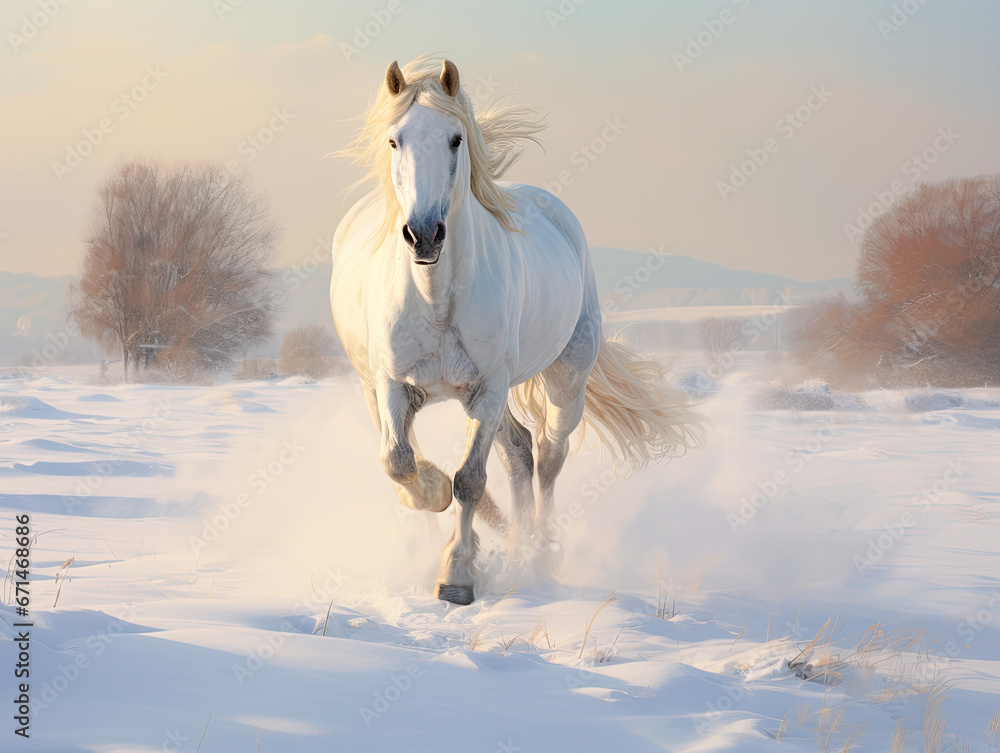 white horse running in snow