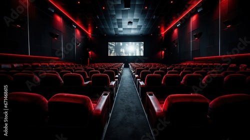 Modern cinema hall empty and red comfortable seats, movie theater seats or chair