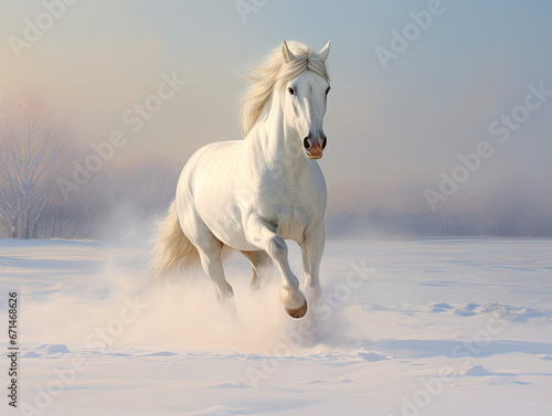 white horse running in snow