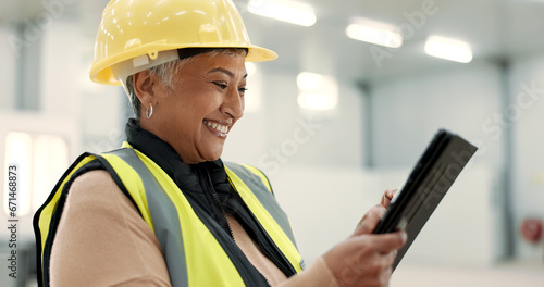Architecture, woman and tablet at construction site warehouse for happy inspection and building or design planning. Excited senior manager on digital technology for industrial software or engineering