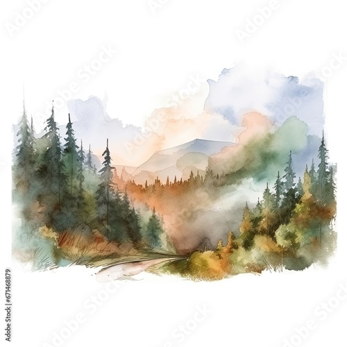 Watercolor autumn landscape with fog in mountains. Hand drawn illustration