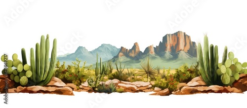 Vast rocky mountains with green spurge cactus in a natural dessert landscape photo