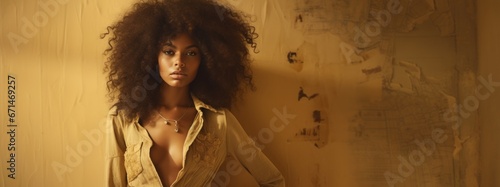 Black Woman in the 70s Fashion Style standing against a Beige and Yellow Background with Empty Copy Space for Text - Wallpaper African Girl 70s - 70s Woman created with Generative AI Technology photo