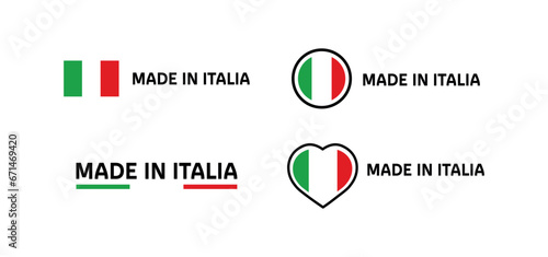 Made in Italy icons. Flat, color, emblems made in Italy, made in Italy flag, heart. Vector icons