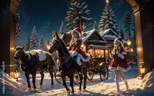 Beautiful girl in Santa Claus clothes on the background of the Christmas village © Frozen Design