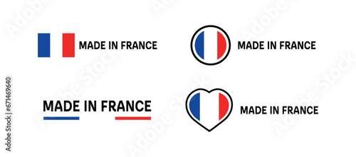Made in France icons. Flat, color, emblems made in France, made in France flag, heart. Vector icons