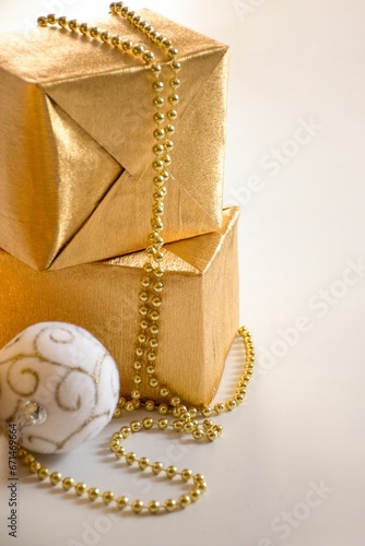 Closeup of golden Christmas tree decorations