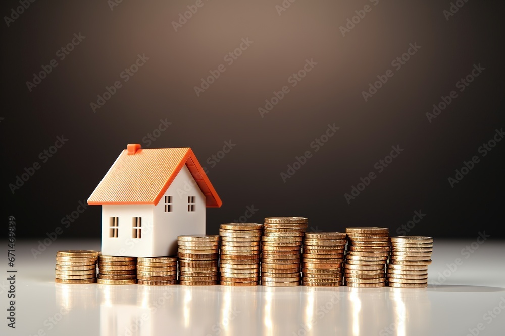Miniature house on stack of coins. Property investment and saving concept. Miniature house on stack of coins. Property investment and saving concept.