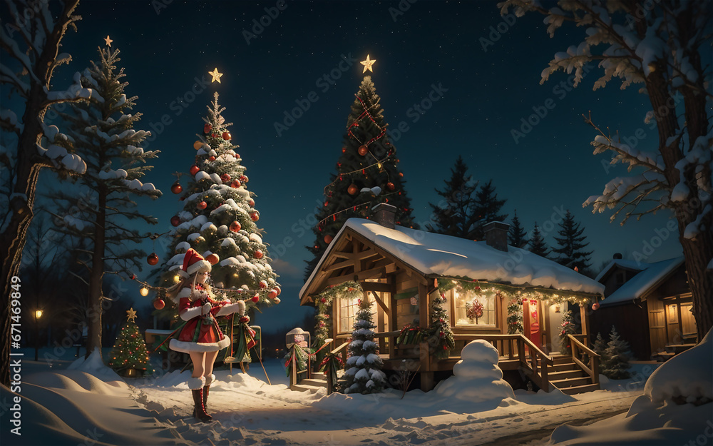 Beautiful girl in Santa Claus clothes on the background of the Christmas village Beautiful girl in Santa Claus clothes on the background of the Christmas village