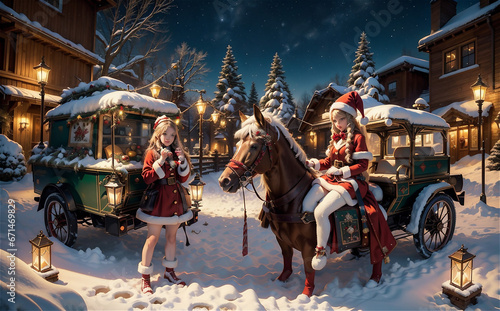Beautiful girl in Santa Claus clothes on the background of the Christmas village © Frozen Design