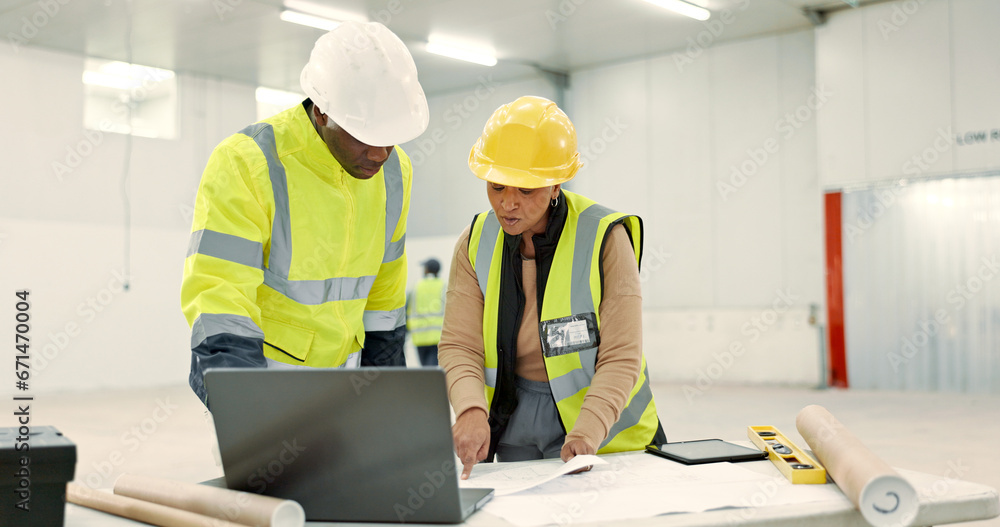 Engineering people, blueprint planning and teamwork at construction site, warehouse and laptop design. Industry manager talking of floor plan development, building solution or architecture renovation Engineering people, blueprint planning and teamwork at construction site, warehouse and laptop design. Industry manager talking of floor plan development, building solution or architecture renovation