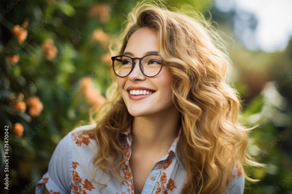 Obraz premium Photo of a beautiful happy young woman in glasses against the backdrop of beautiful mountains