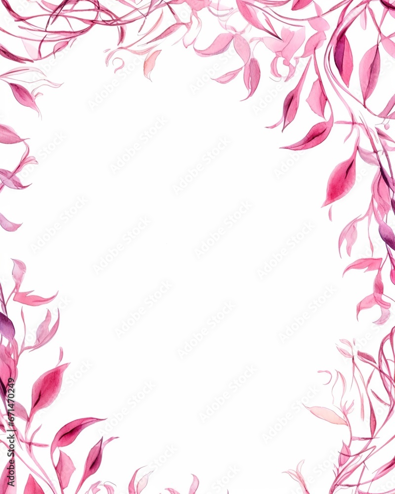 Pink watercolor leafy frame border empty page white background