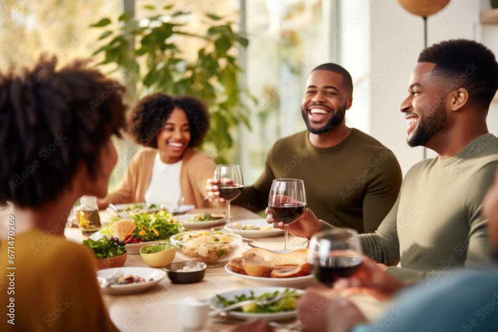 African American family having dinner during thanksgiving day. Happy people celebrating holiday, eating and laughing together - obrazy, fototapety, plakaty 