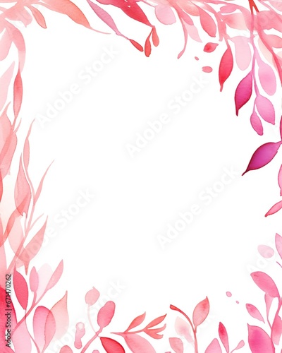 Pink watercolor leafy frame border empty page white background