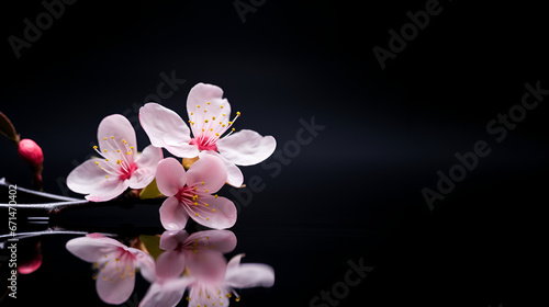 Pink cherry blossom on dark background. Sakura tree branch.