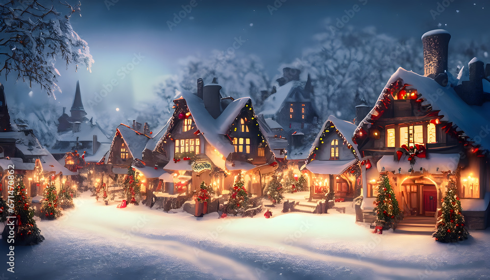 Enchanting Snow-covered Christmas Village with Festive Evening Lights