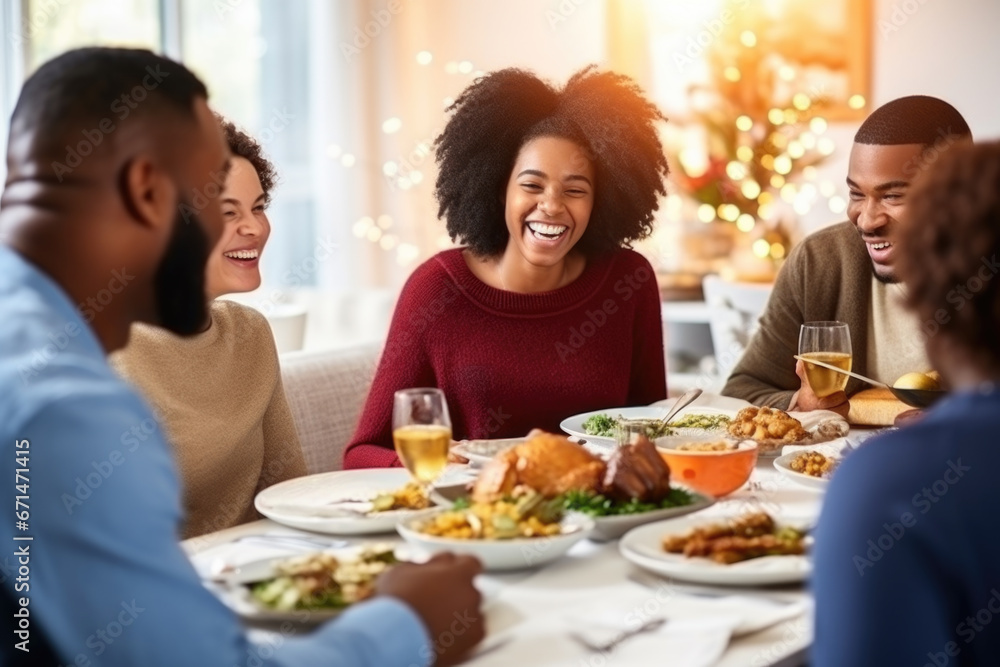 African American family having dinner during thanksgiving day. Happy people celebrating holiday, eating and laughing together