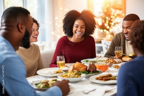 African American family having dinner during thanksgiving day. Happy people celebrating holiday, eating and laughing together