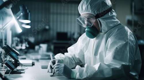 Scientist in protection suit and masks working in research lab using laboratory equipment