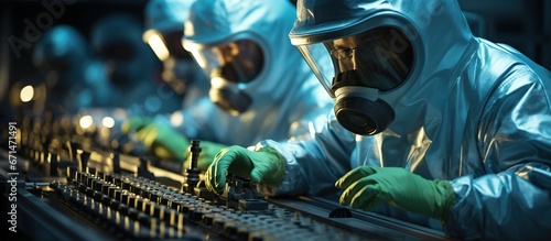 Scientist in protection suit and masks working in research lab using laboratory equipment photo