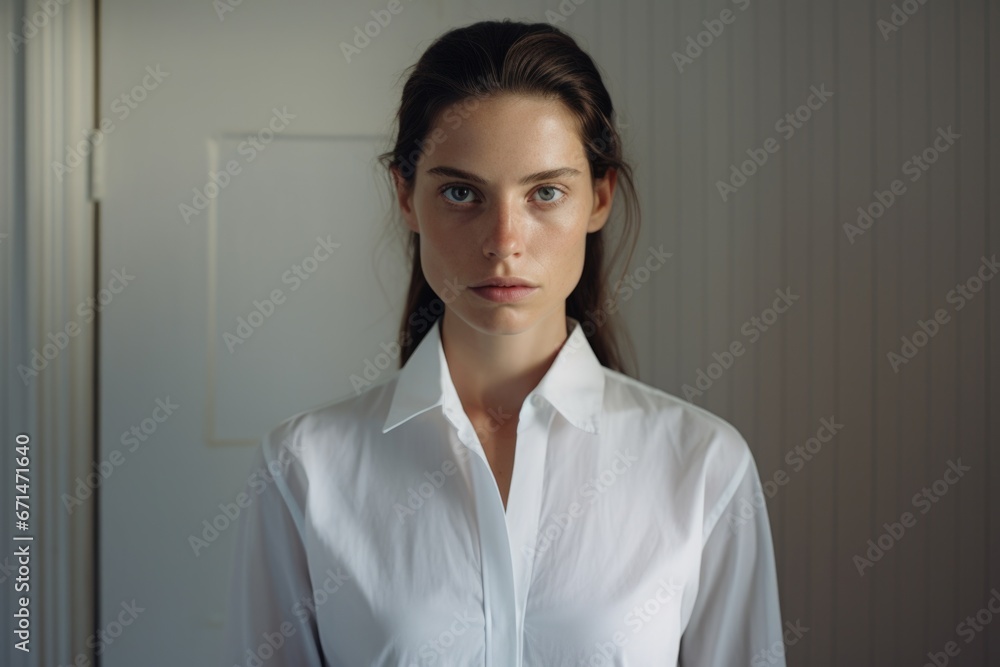 Authentic photograph of a young woman wearing a white dress shirt Authentic photograph of a young woman wearing a white dress shirt