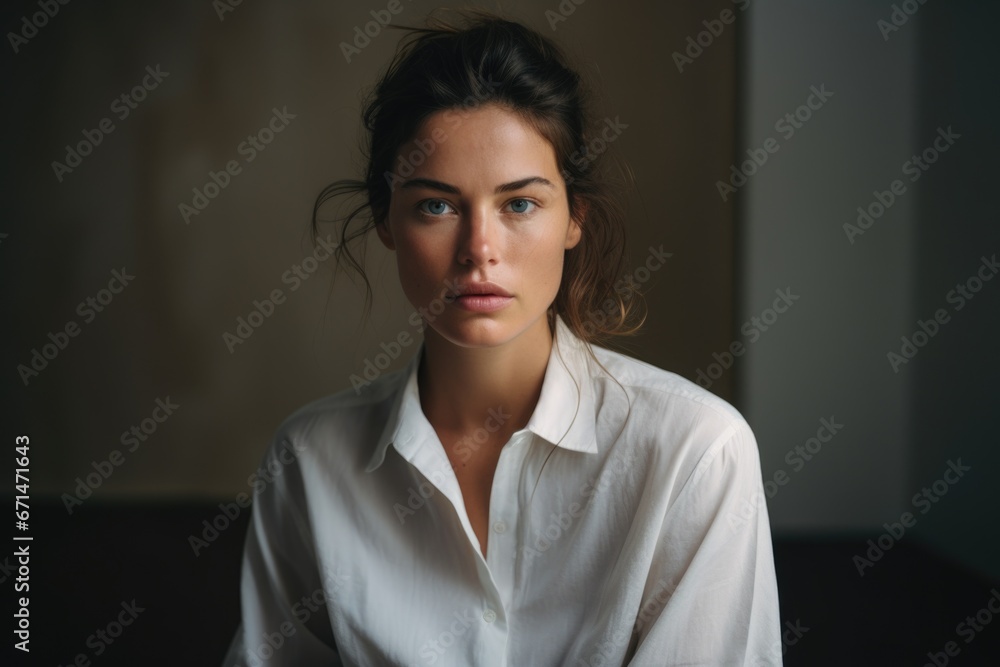 Authentic photograph of a young woman wearing a white dress shirt Authentic photograph of a young woman wearing a white dress shirt