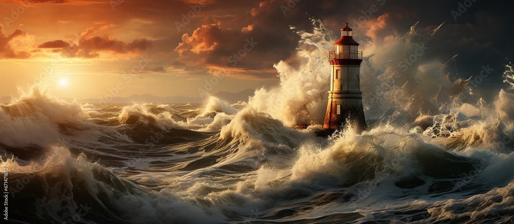 Lighthouse storm waves sea