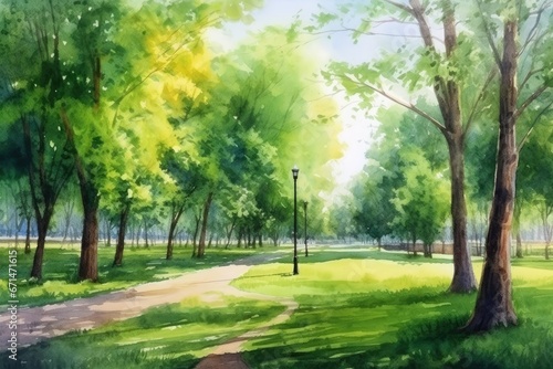 Watercolor of a Serene Public Park with Lush Greenery