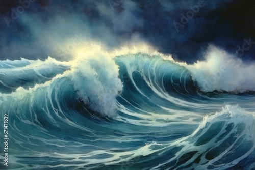 watercolor of High Ocean Waves Breaking During a Dark and Stormy Night