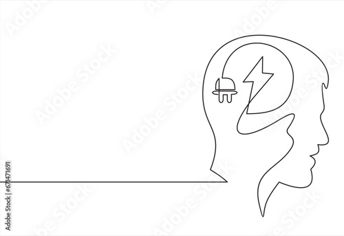 Continuous one line drawing of head person and brain with plug. Concept of burnout syndrome and tired at work in simple linear style.