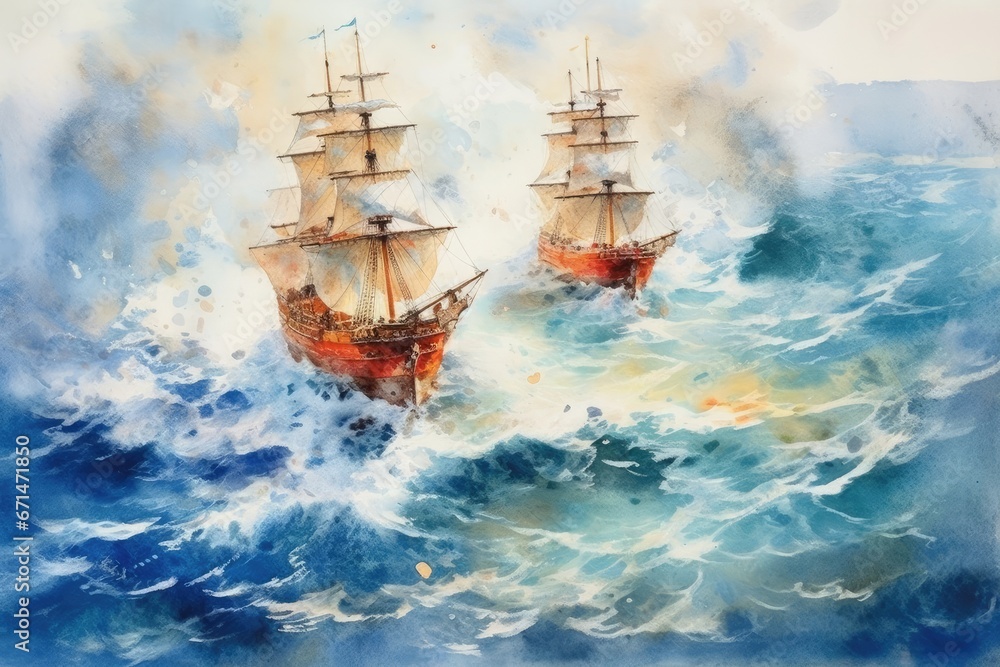 Obraz premium Watercolor of Ships and the Vast Ocean