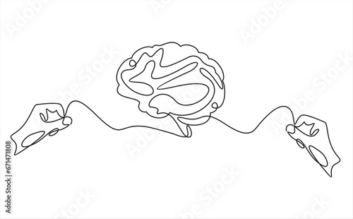 Continuous one line drawing of brain and human hands. Mental health care and safety intelligence mind in simple linear style for banner.