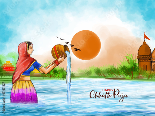 Happy Chhath puja religious Indian river bathing festival background