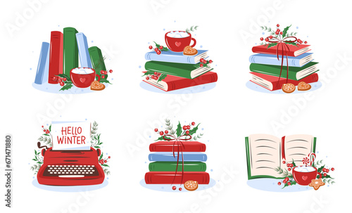 Books with winter decor. Set of reading elements for  bookshop, library, bookstore or education. Vector illustration on white background