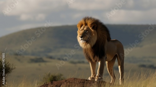 Single lion looking regal standing proudly on a small hill, a lion stands on a dais and looks into the distance at his domain