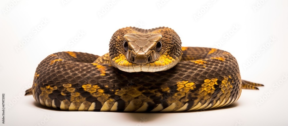 Fototapeta premium The ready Vipera ursinii is poised to strike alone against a white backdrop