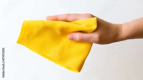 
Part of the hand with a yellow cloth for dusting.