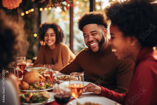 African American family having dinner during thanksgiving day. Happy people celebrating holiday, eating and laughing together