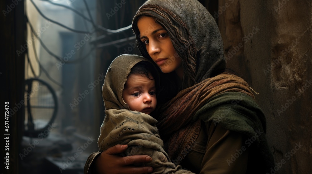 Mother and child on the street of a destroyed city. Refugees. World ...