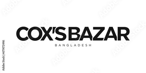 Coxs Bazar in the Bangladesh emblem. The design features a geometric style, vector illustration with bold typography in a modern font. The graphic slogan lettering.
