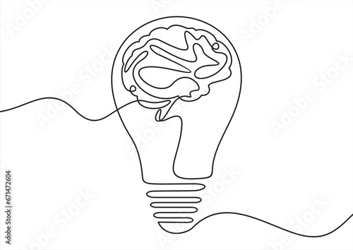 Single continuous line drawing of half light bulb and half human brain logo label. Smart power and psychological company icon label concept. Trendy one line draw graphic design vector illustration