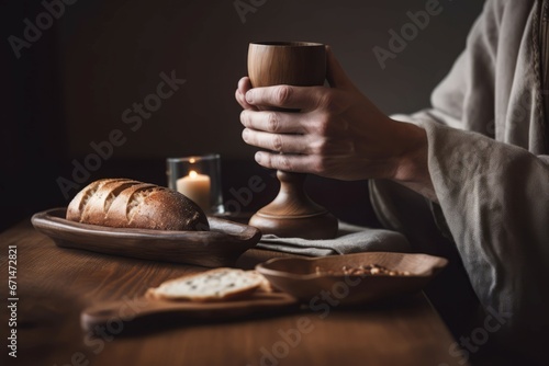 Supper rustic bread wine cup. Feast spirit church loaf sour. Generate Ai photo