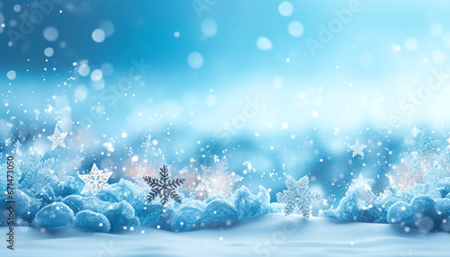 Blue winter background with snowflakes in snow and bokeh. © OLGA RA