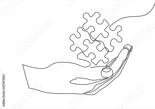 Human resources team work business person hand with puzzle piece thin line Icon - editable stroke.Continuous one line drawing