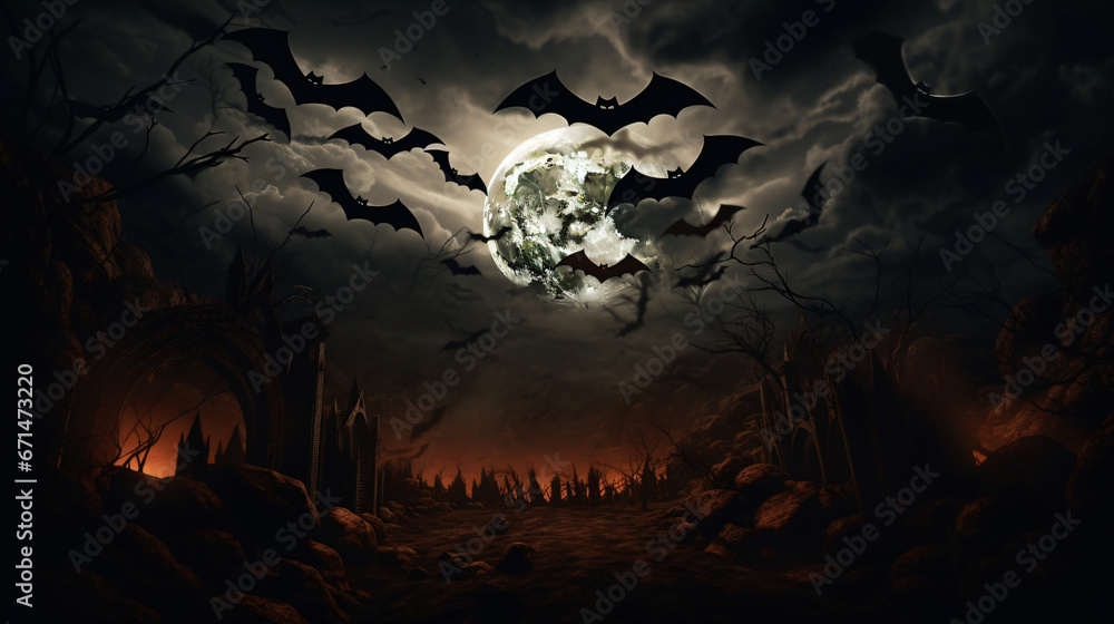 Halloween night with a spooky moon clouds bats