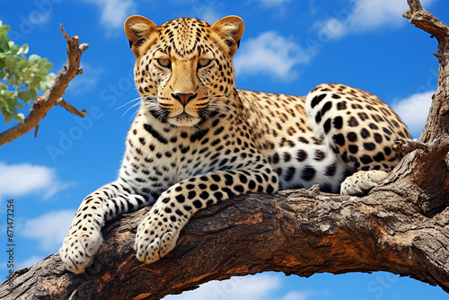 Beautiful spotted leopard lying on a tree