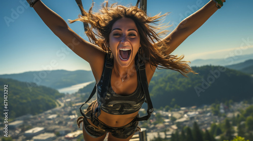 Woman bungee jumping at high speed with motion blur.