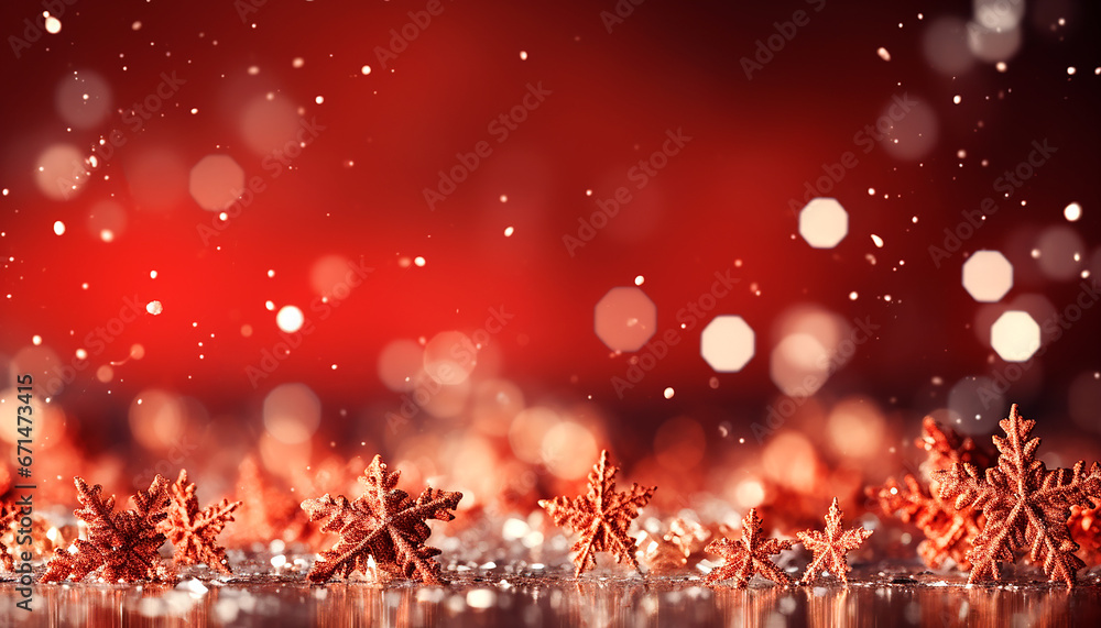 Red background with snowflakes and bokeh.